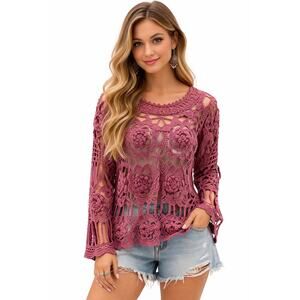 Ivy Hand-knit Floral Crochet Top Irish Lace sz M Cottagecore Grandmother Boho